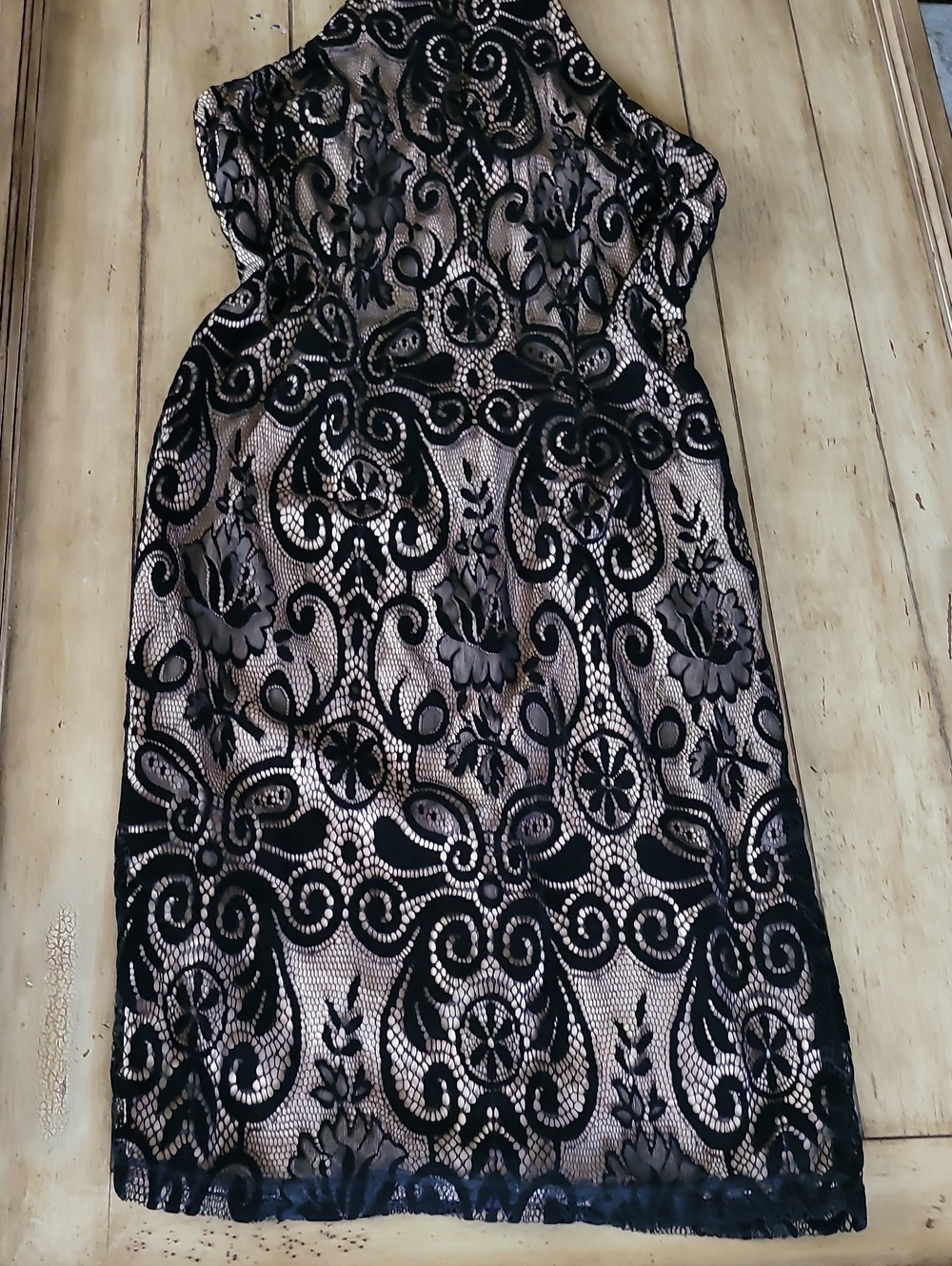 Bisou Bisou Black Lace Overlay Midi Dress with Nude Underlay